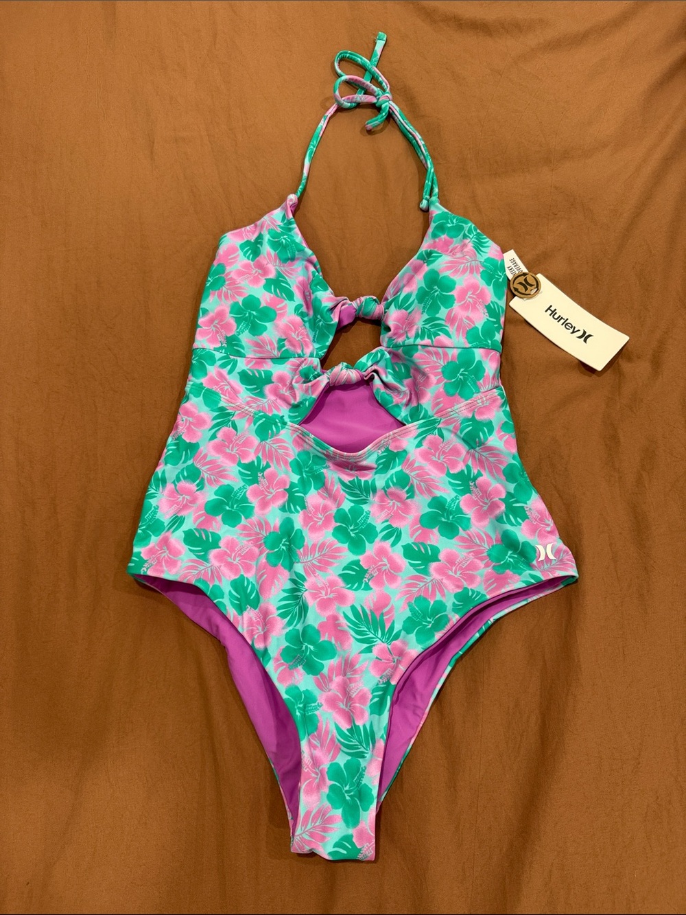 Hurley Pink & Green Floral Halter One-Piece Swim